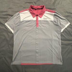 Adidas Golf Shirt Men's XL Colorblock Polo Pink Logo Patch Performance Stripe